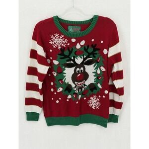 Ugly Christmas Sweater Womens Large Red Green Knit Rudolph Wreath Holiday Party